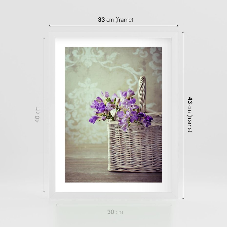 Plakat w ramie 30x40 - Kwiatowy koszyk - kwiaty, koszyk - rama biała
