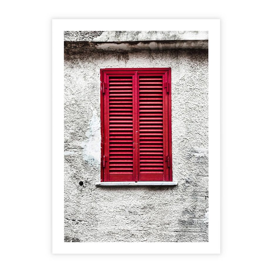 Plakat bez ramy 40x50 - Okno z Czerwonymi Okiennicami - stare okno, kamienica