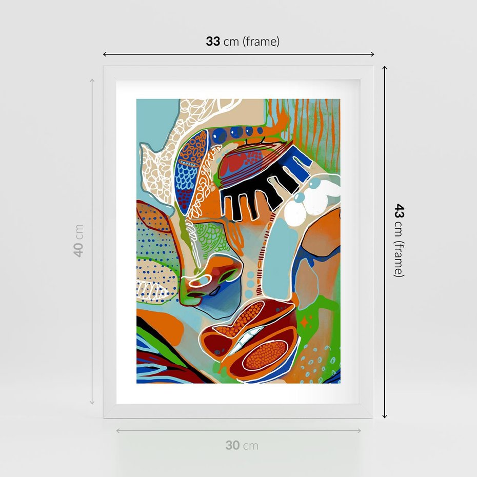 Plakat w ramie 30x40 - Wibracje Kształtów - abstrakcyjny portret kobiety, twarz - rama biała