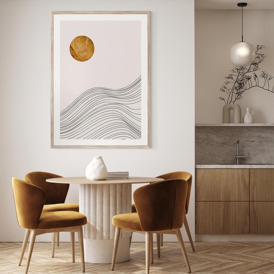 Plakat w ramie 40x50 - Minimalistyczne Słońce: Blask i Złoto - grafika, minimalizm - rama drewno