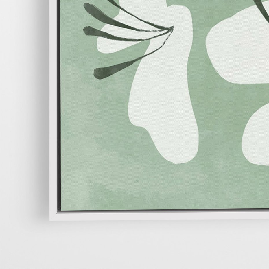 Obraz w ramie 50x70 - Rozkwitające Ukojenie - zgaszona zieleń, kwiaty - rama biała