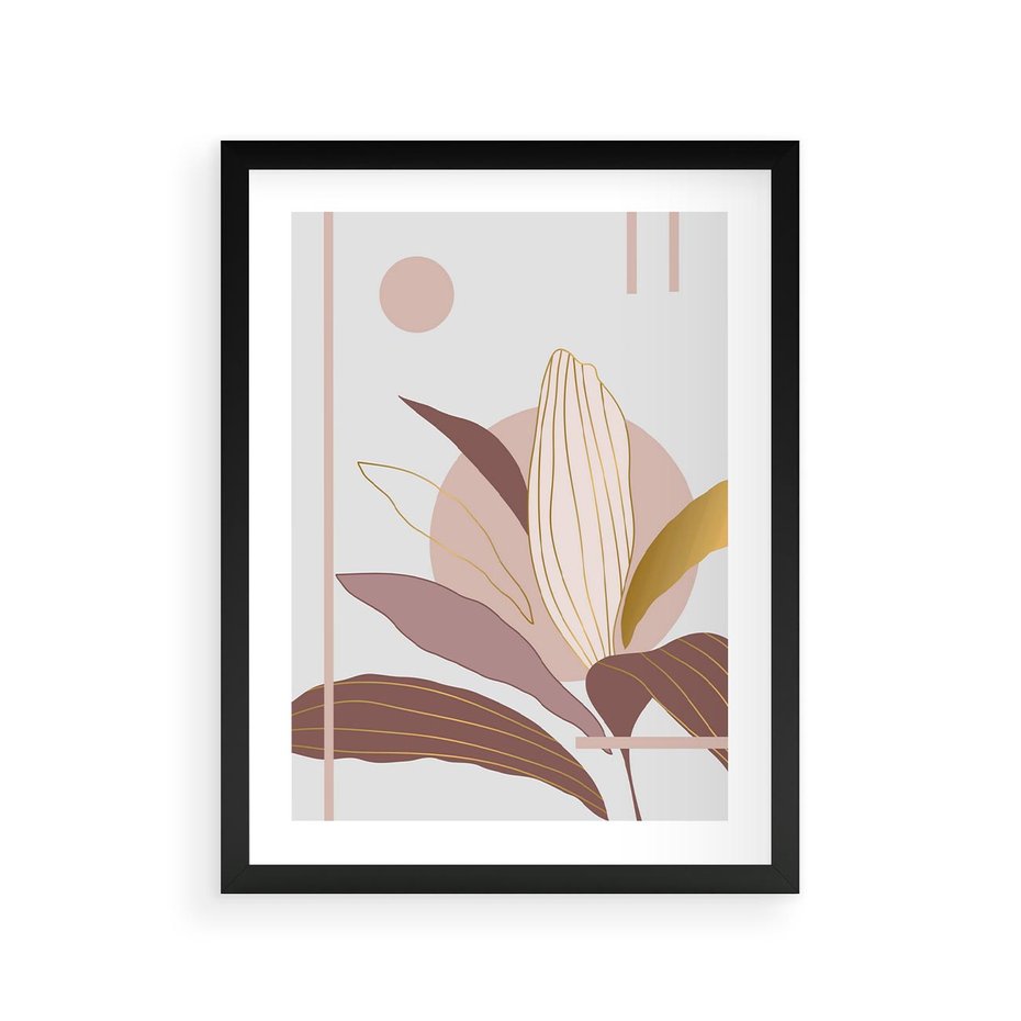 Plakat w ramie 30x40 - Pastelowa Uroda Natury: Kwiat z Złotymi Akcentami - pastelowa grafika, kwiat - rama czarna