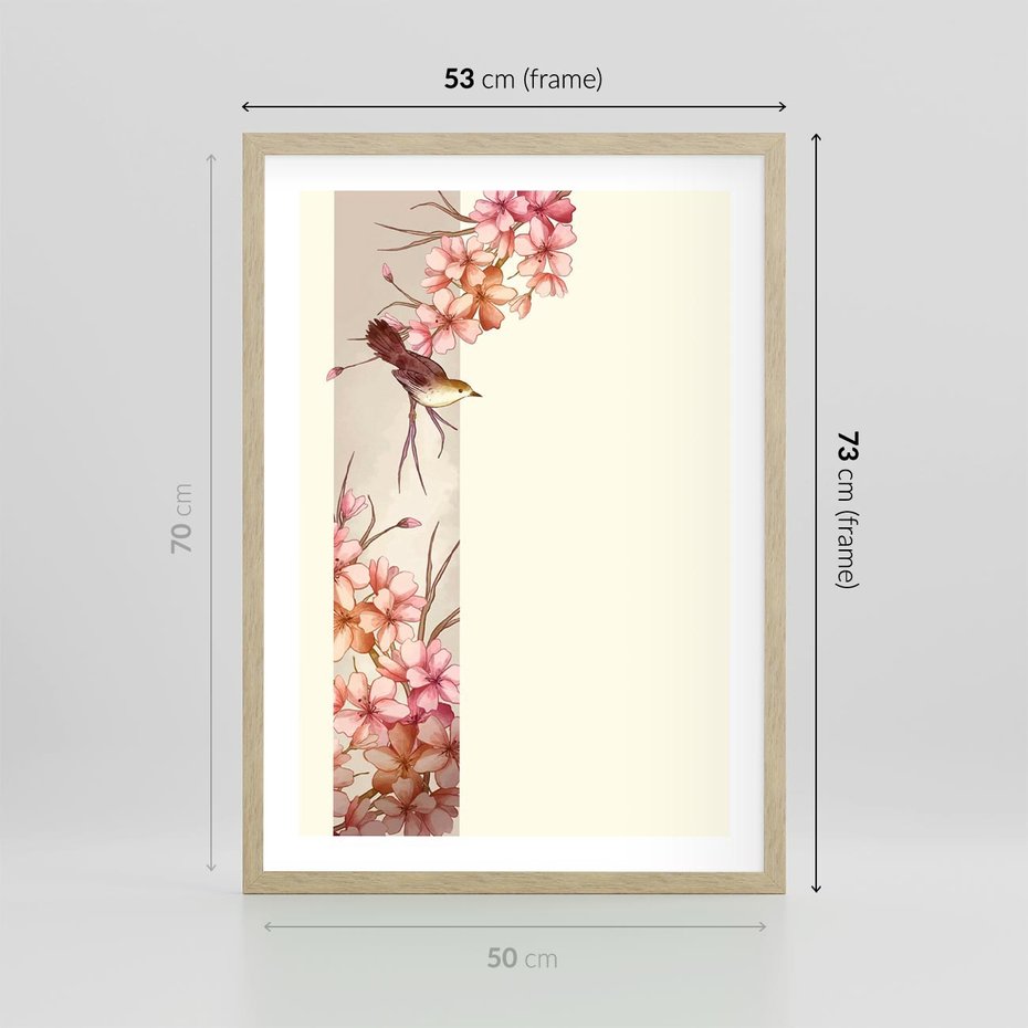 Plakat w ramie 50x70 - Rozkwitające Marzenia - japońska sztuka, ptak - rama drewno