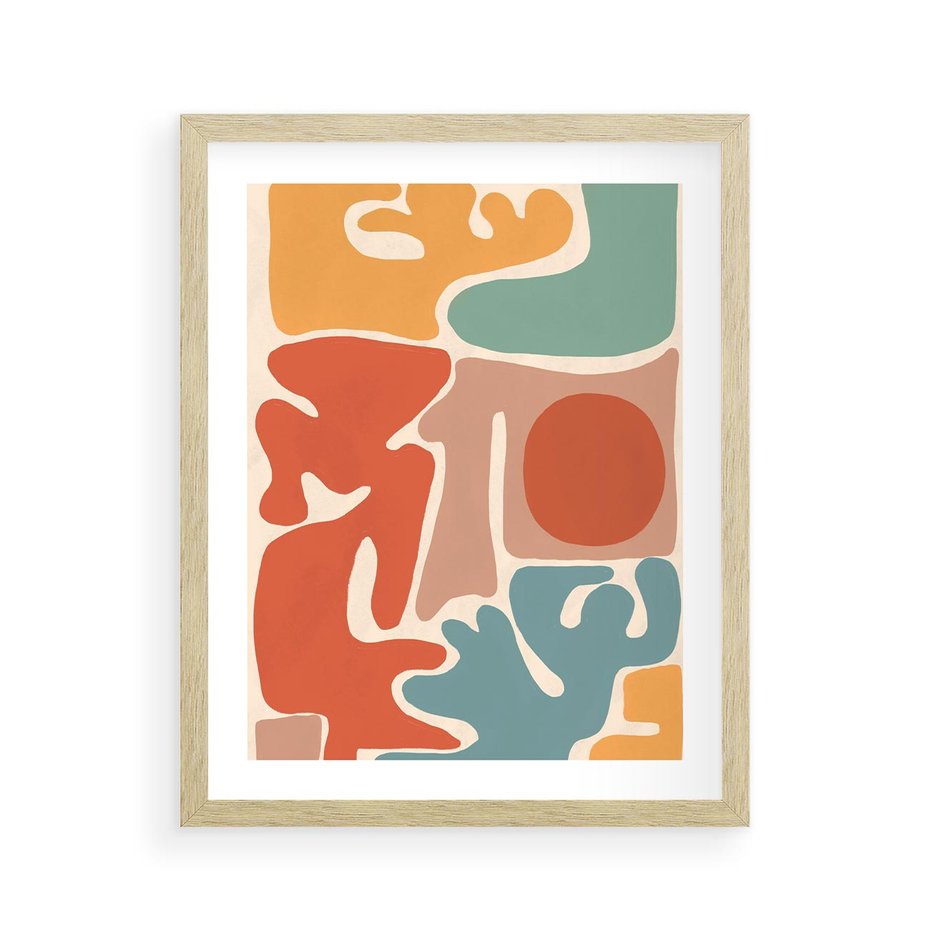 Plakat w ramie 40x50 - Pastelowa Symfonia Kształtów - abstrakcyjne kolorowe formy, pastelowe kolory - rama drewno
