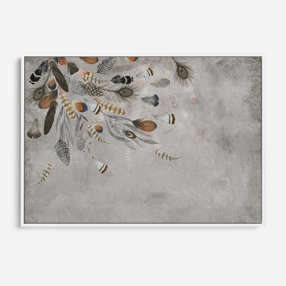 Obraz w ramie 100x70 - Sploty losu na płótnie - kompozycja boho piór, indiańskie pióra - rama biała