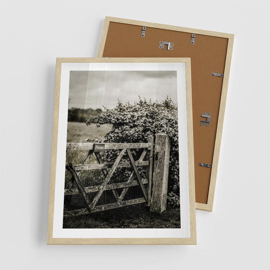 Plakat w ramie 50x70 - Wiejski Urok: Stary Płot i Kwitnący Krzew - rustykalne zdjęcie, stary płot - rama drewno
