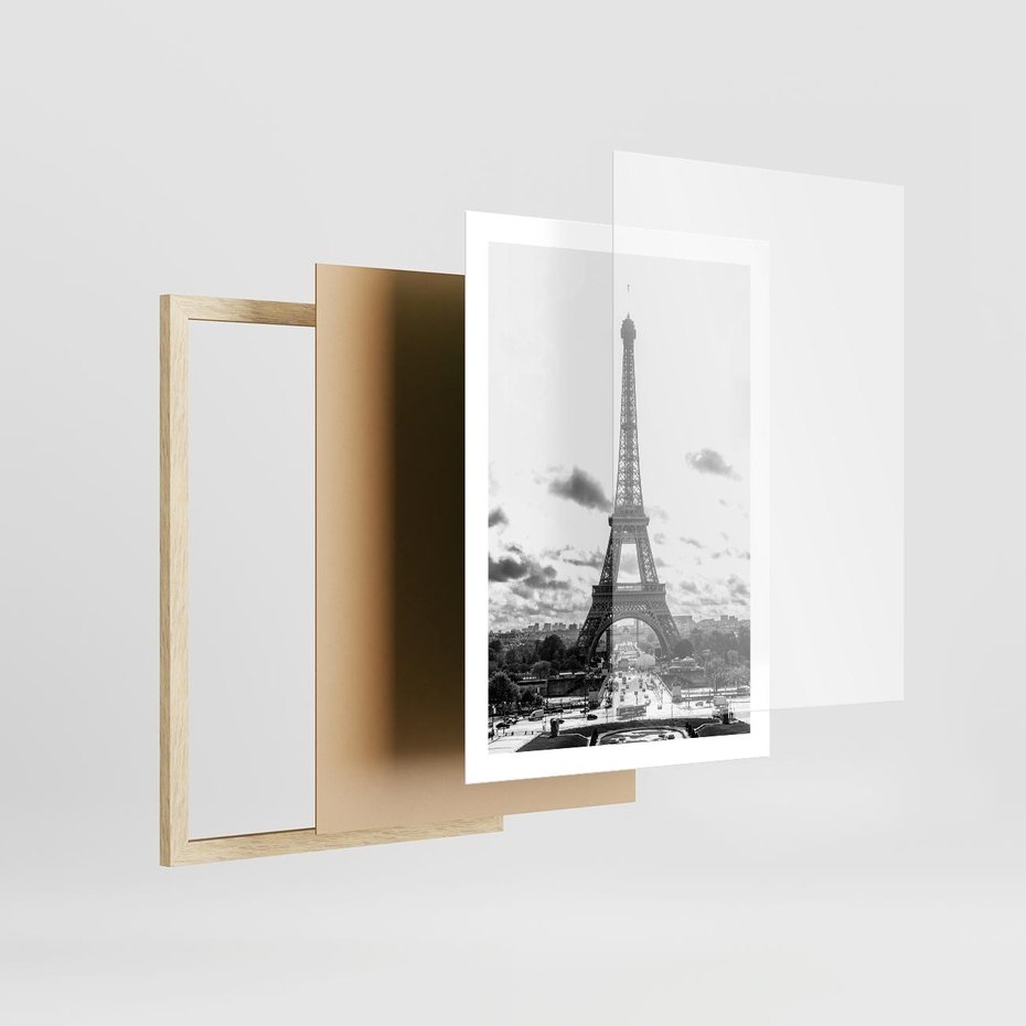 Plakat w ramie 50x70 - Wieża Eiffla - czarno białe zdjecie, wieża eiffla - rama drewno