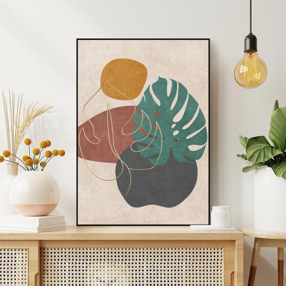 Obraz w ramie 50x70 - Akwarelowa Magia Liści - grafika, styl mid century - rama czarna