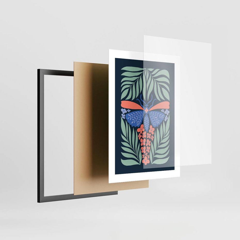 Plakat w ramie 30x40 - Granatowa Noc - granatowe tło, abstrajcyjna ćma - rama czarna