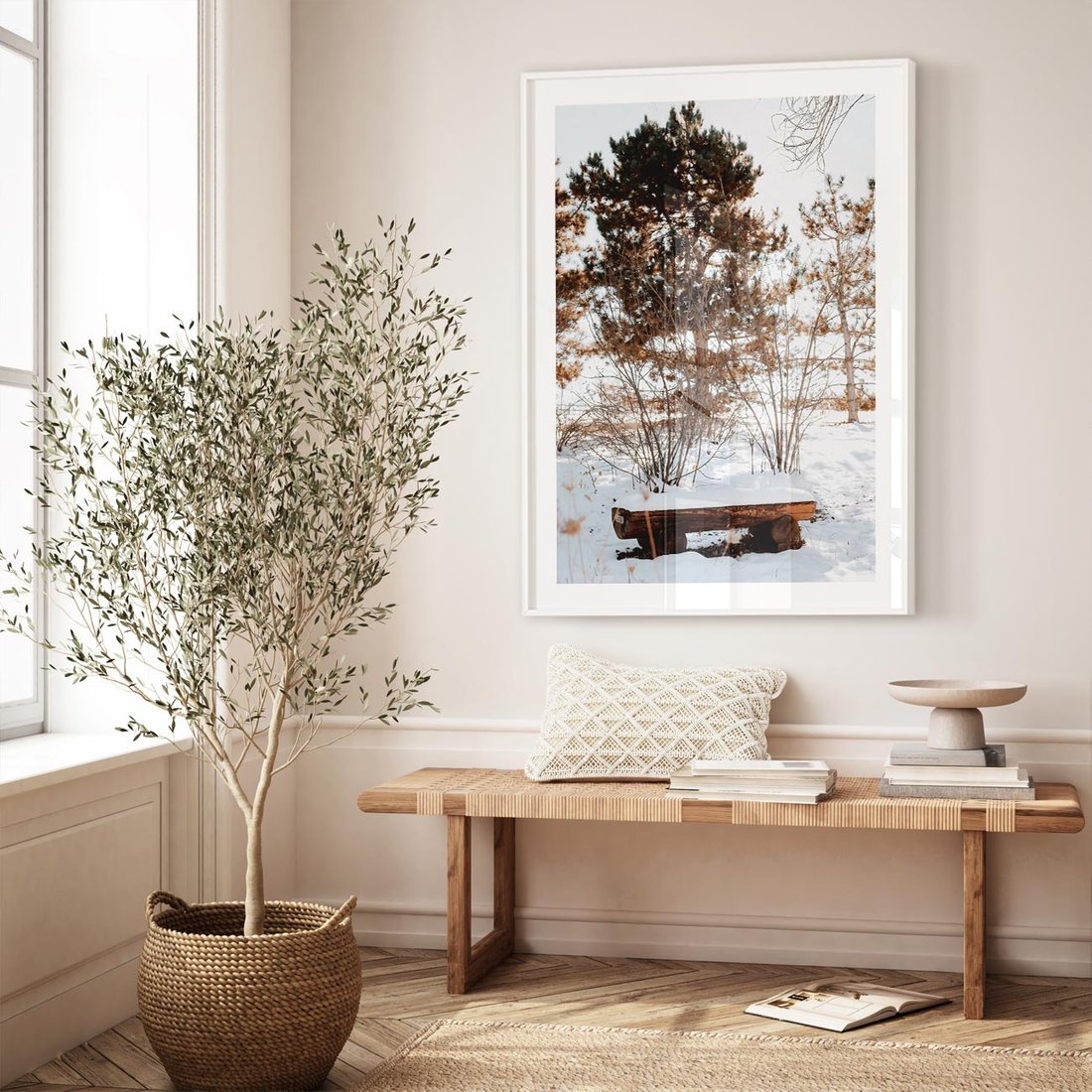 Plakat bez ramy 40x50 - Ławka Pod Śniegiem - zimowy pejzaż, ławka pod śniegiem