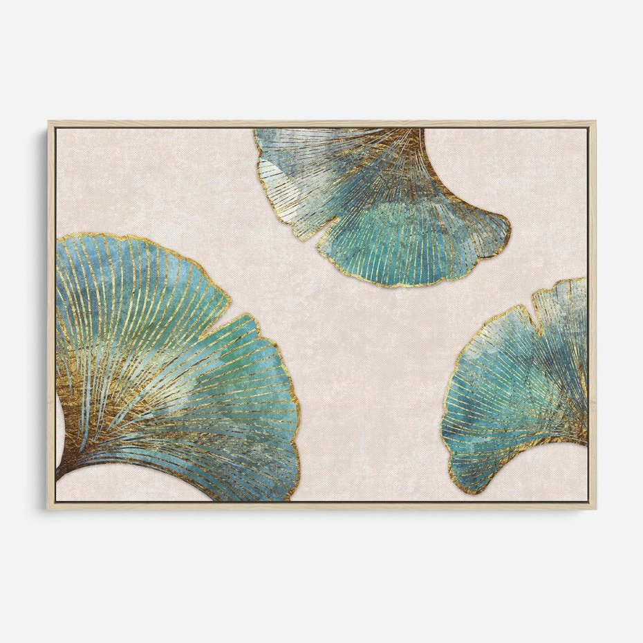Obraz w ramie 120x80 - Złota Melodia Liści - złote, turkusowe liście miłorzębu - rama drewno