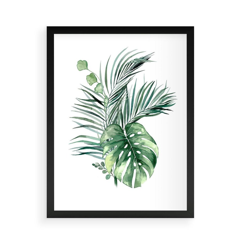 Plakat w ramie 50x70 - Liście i Życie: Akwarelowa Oaza - akwarelowy obrazek, pamy - rama czarna