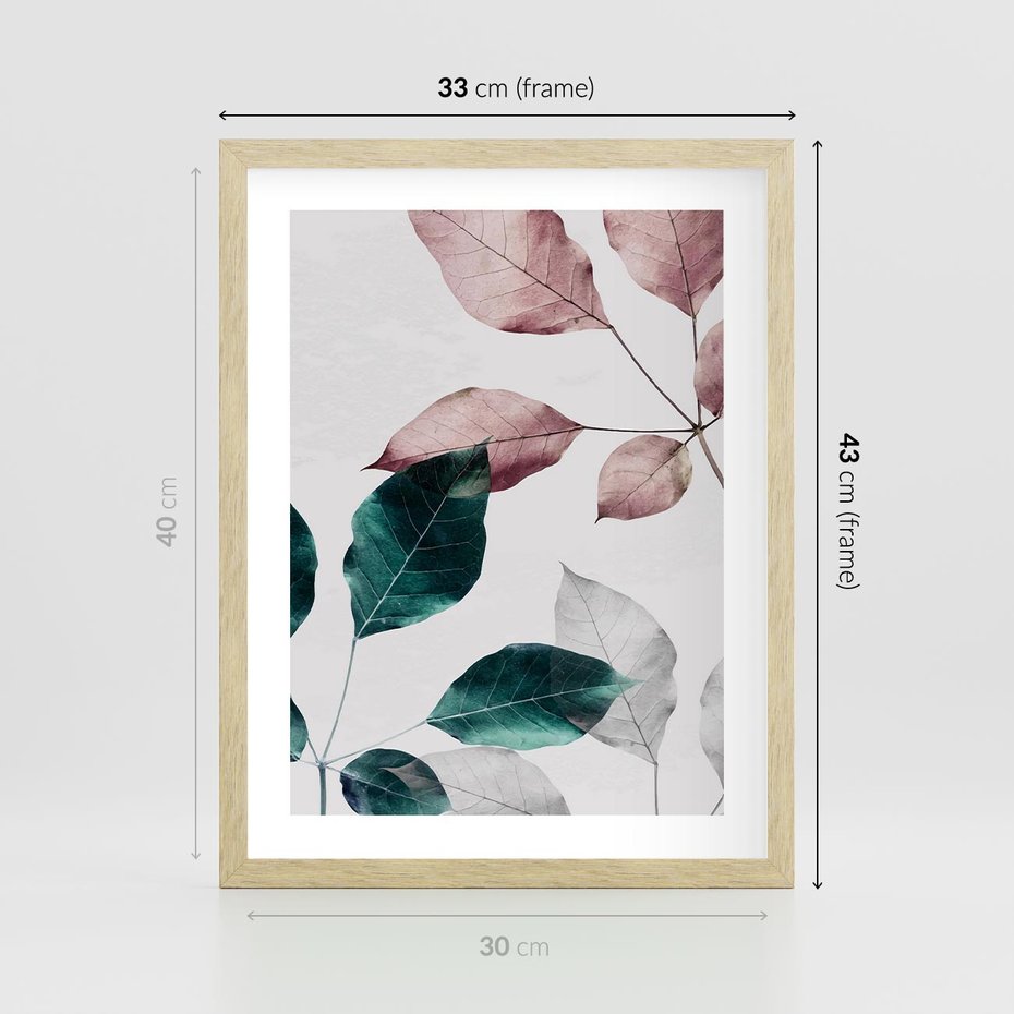 Plakat w ramie 30x40 - Pastelowe Liście w Minimalizmie - pastelowe liście, minimalistyczny obraz - rama drewno