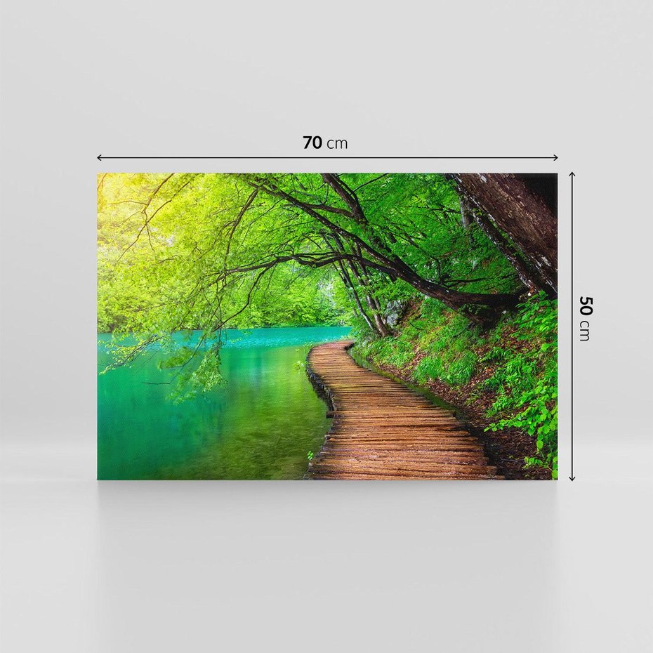 Obraz na płótnie 70x50 - Spokój nad jeziorem: Zatop się w naturze - jezioro, drzewa