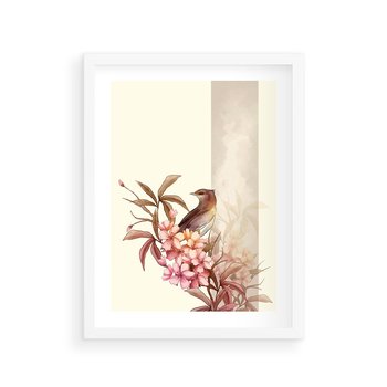 Plakat w ramie 50x70 - Kwiatowe Zanurzenie - japońska sztuka, ptak - rama biała