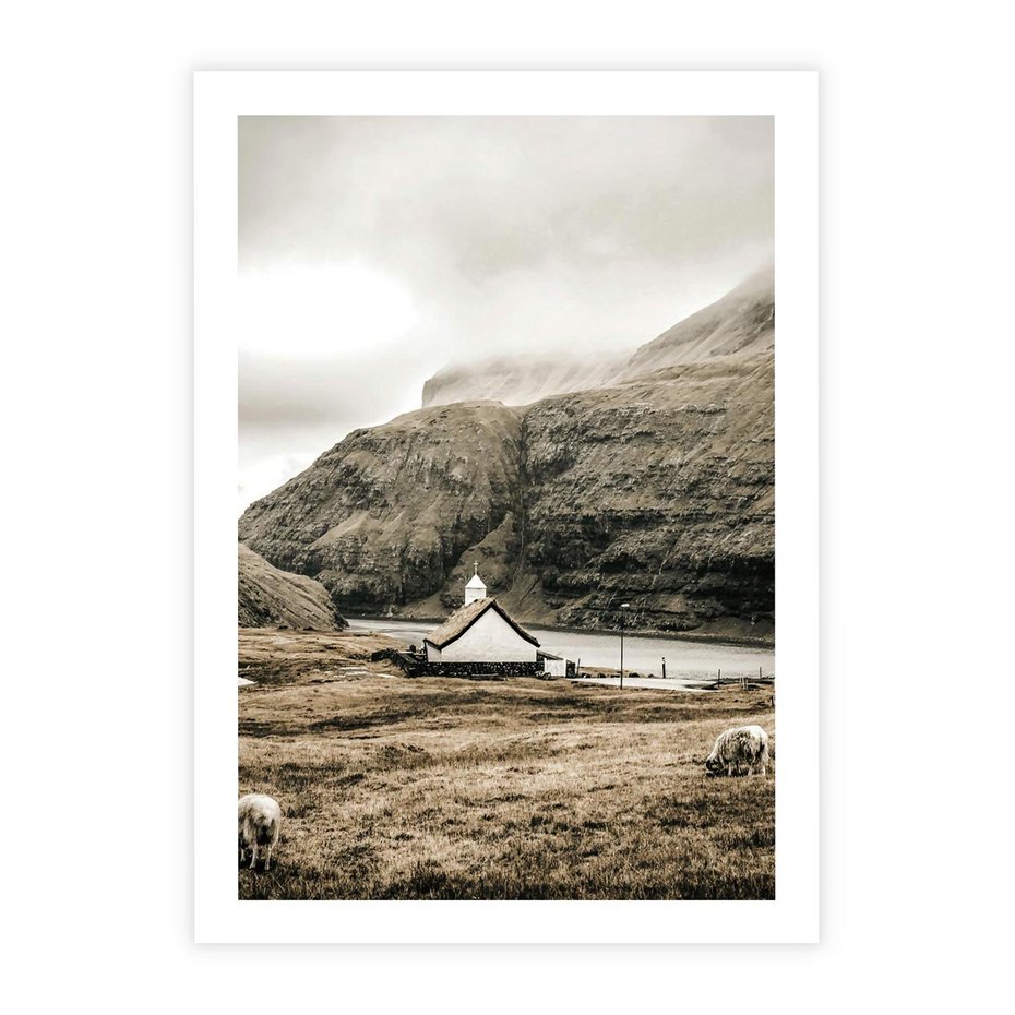 Plakat bez ramy 21x30 - Kościół na Wzgórzu: Sepia Nostalgii - kościół w górach, na wzgórzu