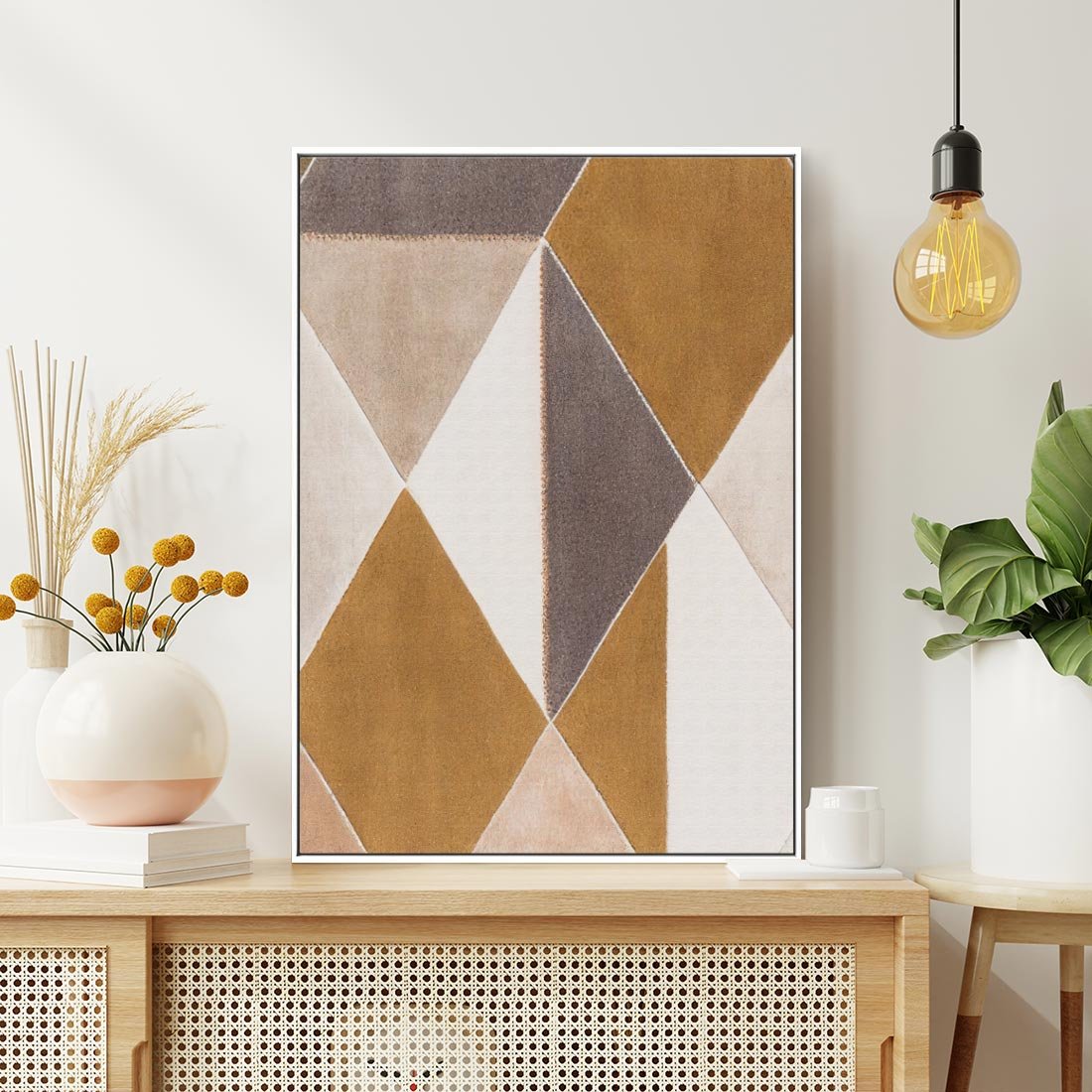 Obraz w ramie 50x70 - Odblaski niespełnionych marzeń - kompozycja z trójkątów, mix kolorów ziemi - rama biała