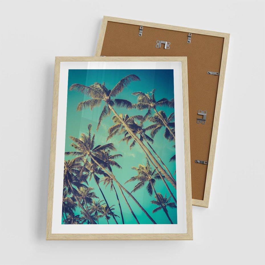 Plakat w ramie 50x70 - Tropikalne palmy w krainie słonecznych wakacji - palmy, tropiki - rama drewno
