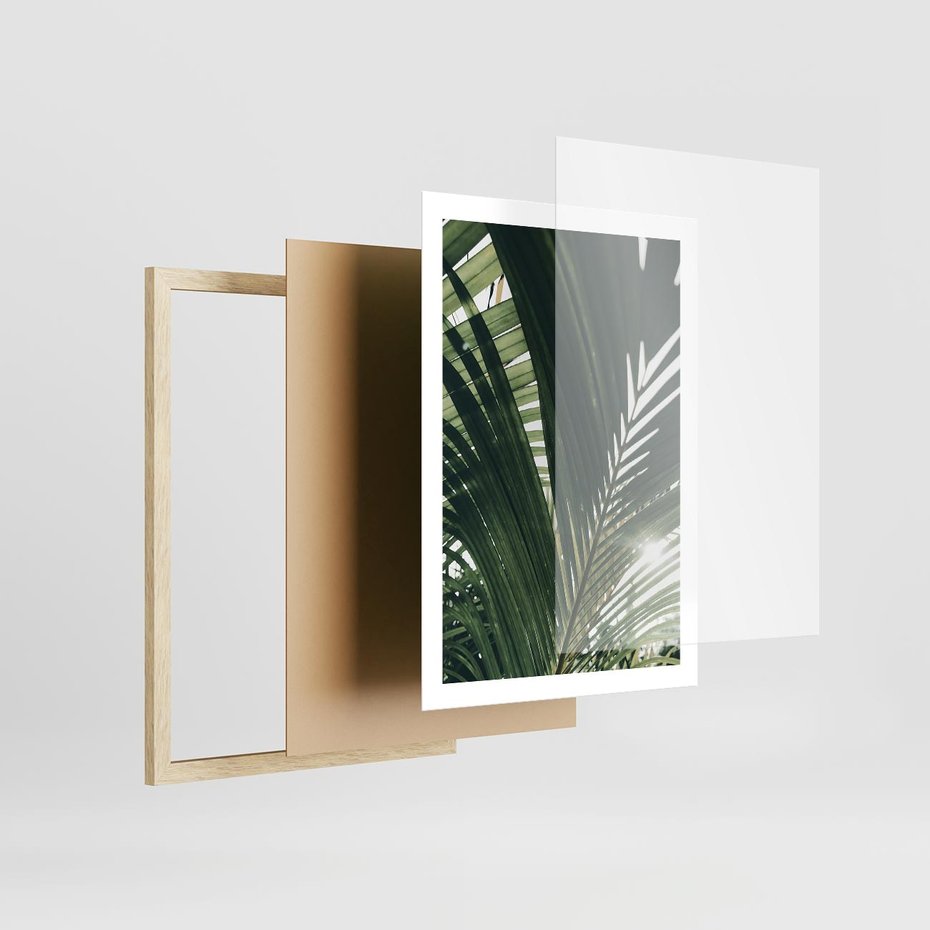 Plakat w ramie 50x70 - Tropikalne Uroki: Palmy i Zielone Liście - palmy, zielone liście - rama drewno