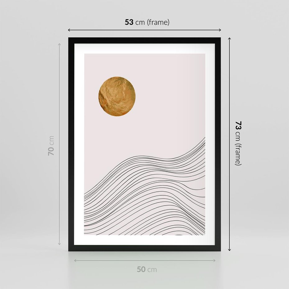Plakat w ramie 50x70 - Minimalistyczne Słońce: Blask i Złoto - grafika, minimalizm - rama czarna