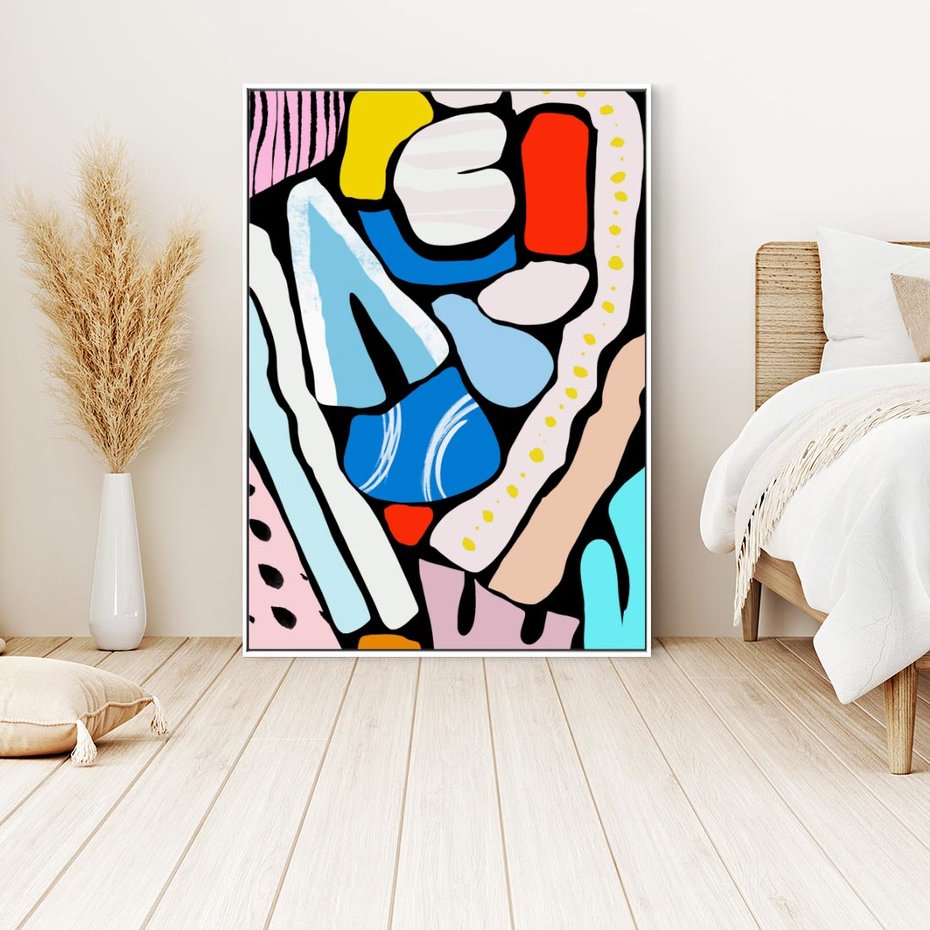 Obraz w ramie 50x70 - Kolory Na Czerni - abstrakcyjne formy, komiksowy styl - rama biała