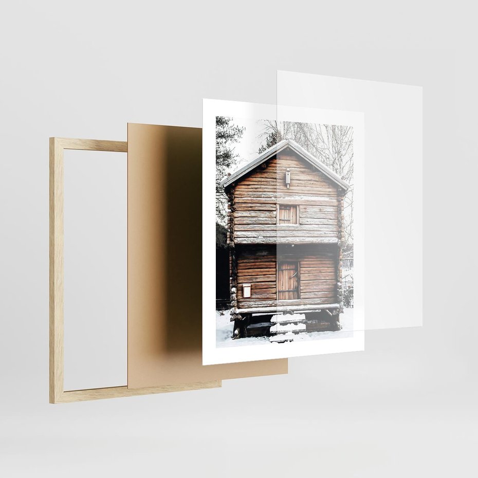 Plakat w ramie 40x50 - Śnieżny Ustronny Raj - domek w górach, śnieg - rama drewno