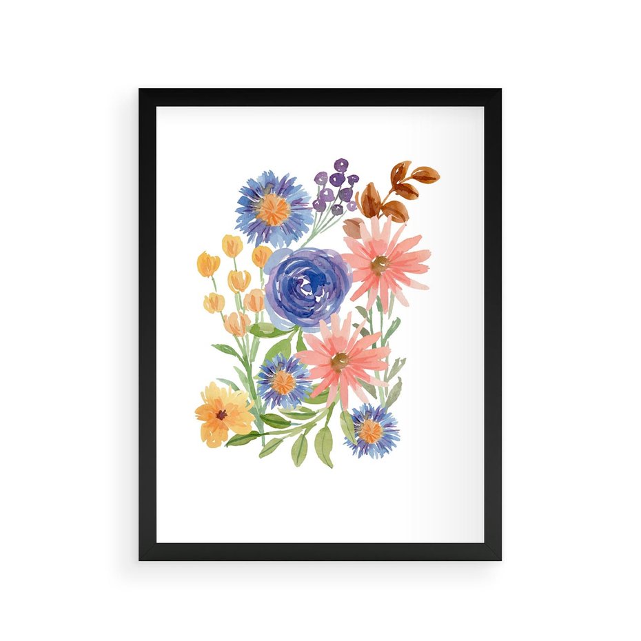 Plakat w ramie 30x40 - Migocące Widoki Kwiatów - akwarelowe polne kwiaty, minimalistyczny plakat - rama czarna