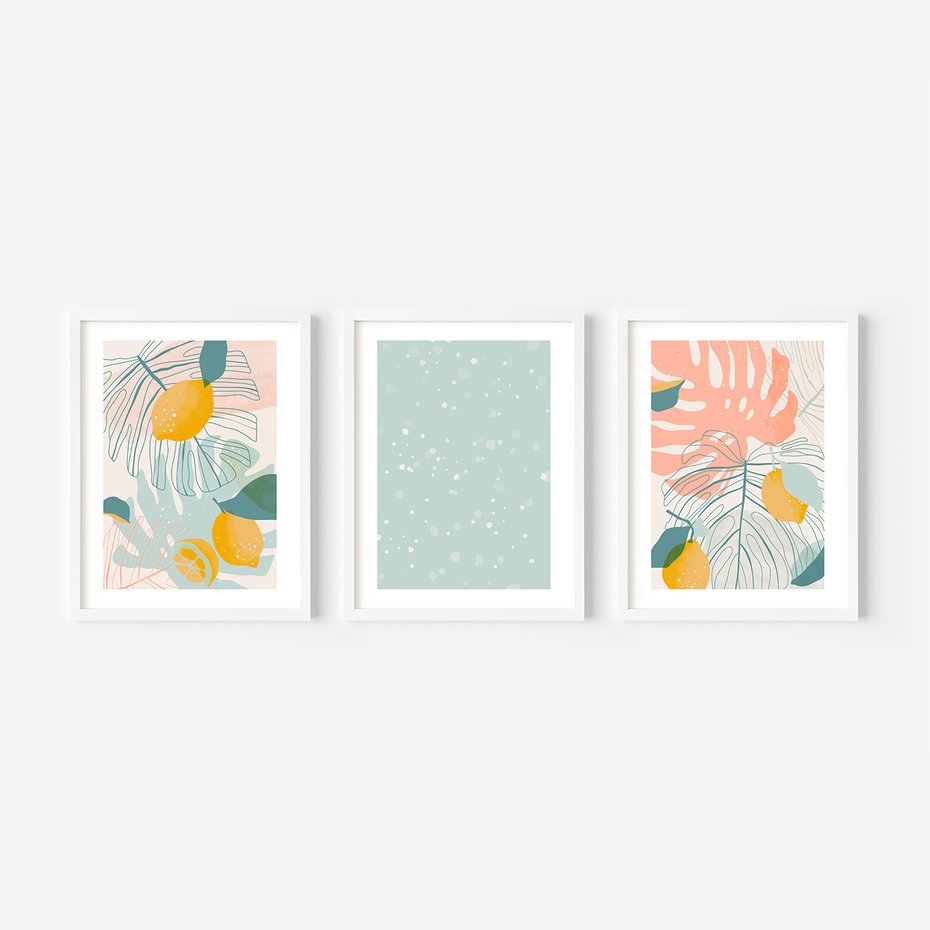 Zestaw obrazy w ramie 50x70 galeria - Monstera, liście, pastelowe, nowoczesne - rama biała