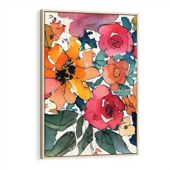 Obraz w ramie 80x120 - Kwiatowy Impuls Kolorów - abstrakcyjne kolorowe kwiaty, szkic - rama drewno