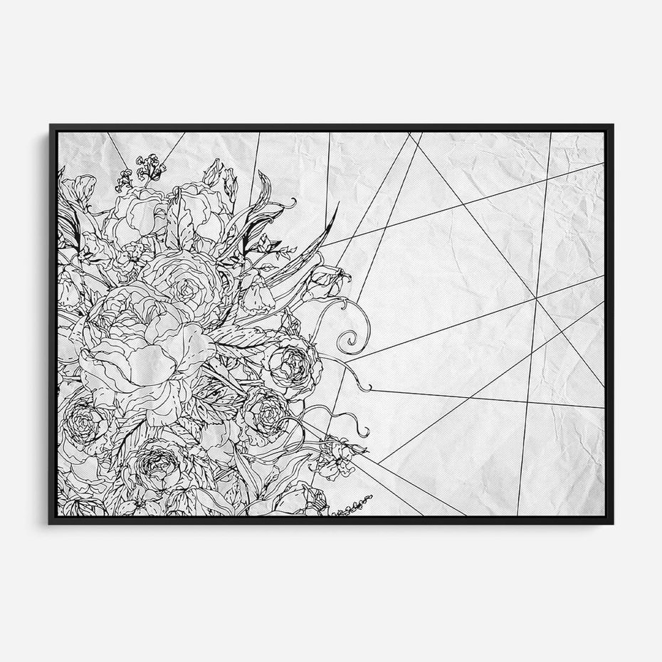 Obraz w ramie 100x70 - Refleksje w martwym punkcie - graficzny szkic, kompozycja kwiatów - rama czarna