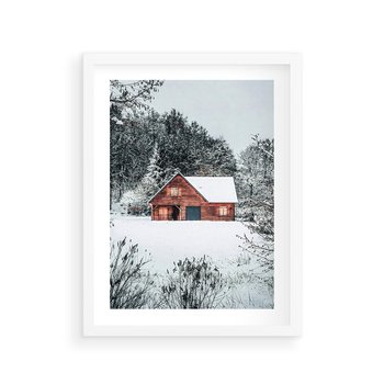 Plakat w ramie 30x40 - Domek w Górach Pokryty Śniegiem - domek w górach, śnieg - rama biała