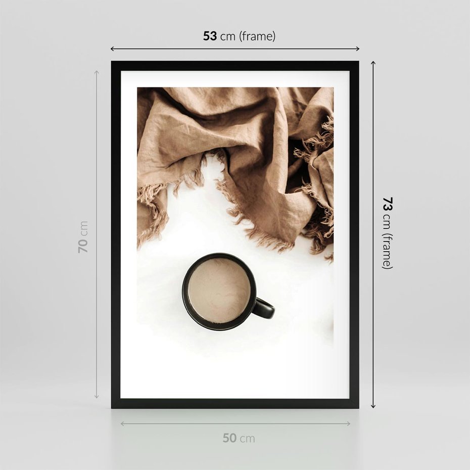 Plakat w ramie 50x70 - Kompozycja z Brązowym Kocem i Czarną Kawą - kompozycja, brązowy koc - rama czarna