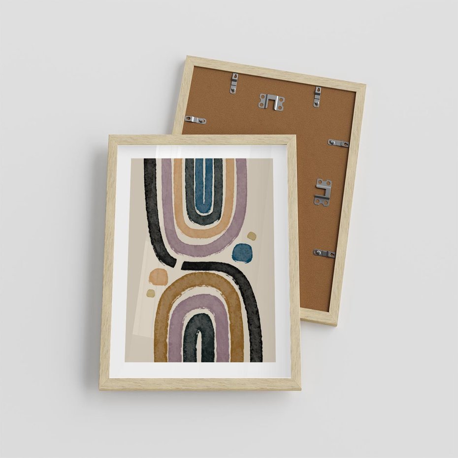 Plakat w ramie 30x40 - Taniec Przenikających Kształtów - abstrakcyjne tęcze, kompozycja - rama drewno