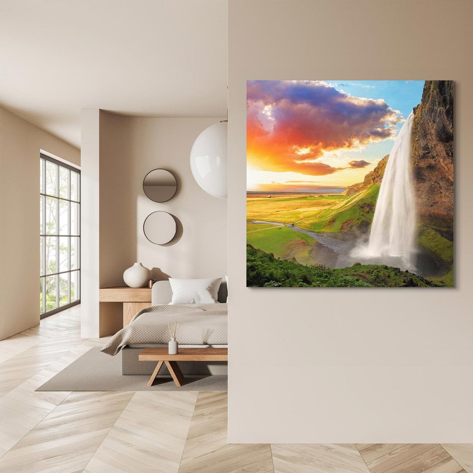 Obraz na płótnie 40x40 - Zachód słońca nad islandzkim wodospadem - Islandia, wodospad