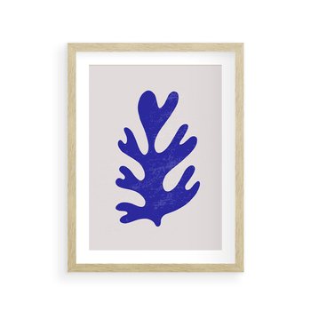 Plakat w ramie 30x40 - Przenikająca Struktura - boho plakat, niebieski liść w intensywnym kolorze - rama drewno