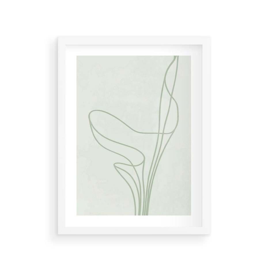 Plakat w ramie 30x40 - Zielona Równowaga Linii - abstrakcyjne delikatne zielone linie, nowoczesny plakat - rama biała