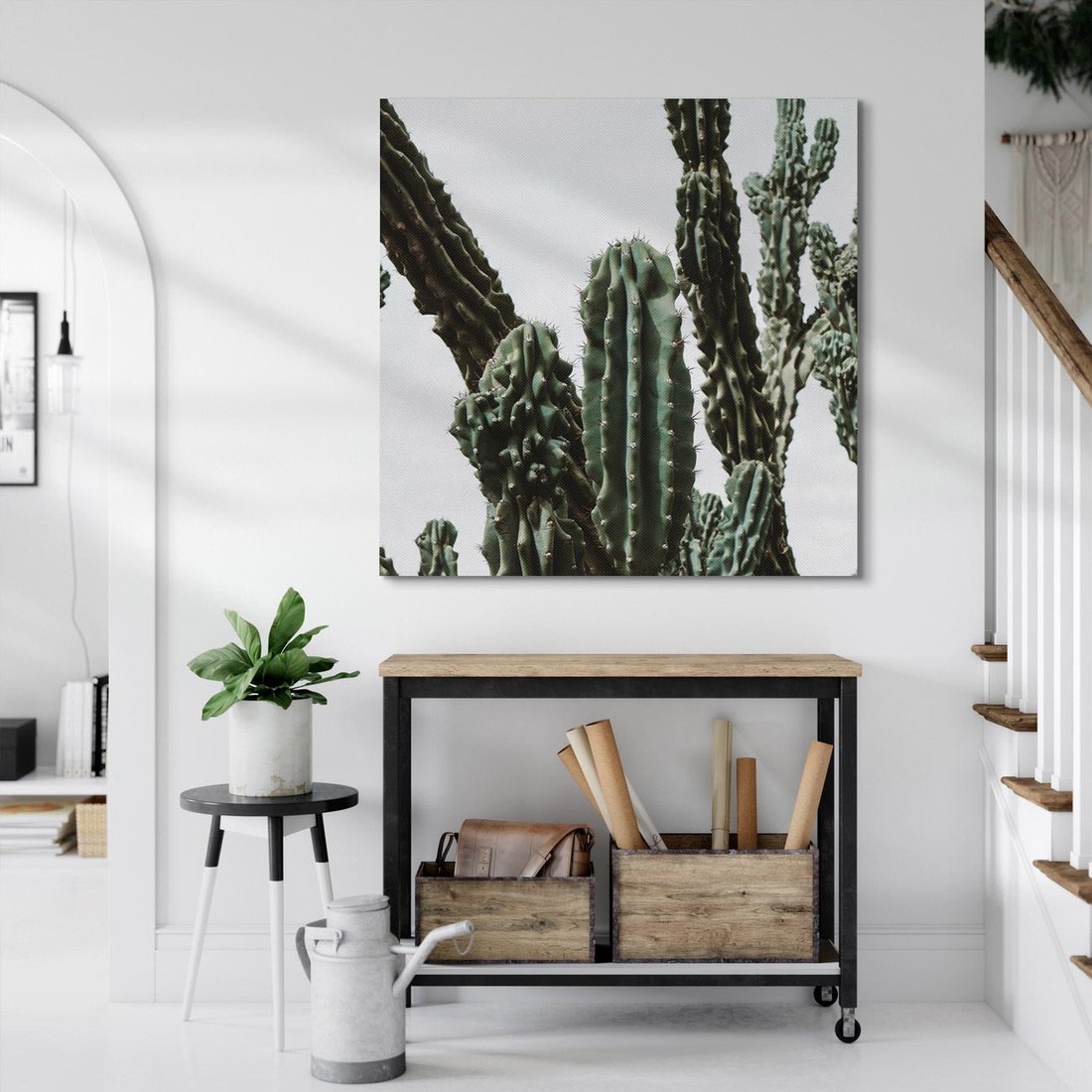 Obraz na płótnie 60x60 - Boho oaza wśród kaktusów - kaktusy, pustynia