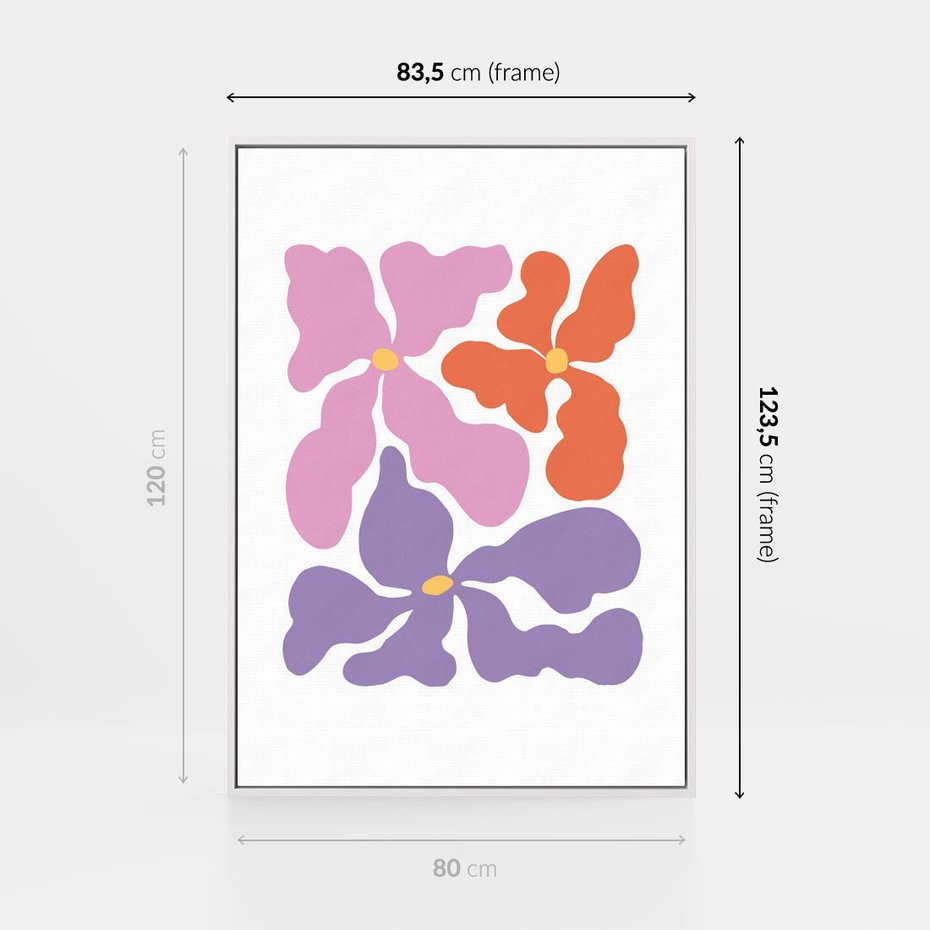 Obraz w ramie 80x120 - Bezgraniczne Wibracje - abstrakcyjne kolorowe kwiaty, minimlizm - rama biała