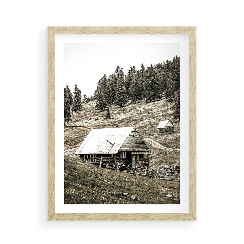 Plakat w ramie 50x70 - Ustronne Chatki w Górach - rustykalne domki w górach, sepia - rama drewno