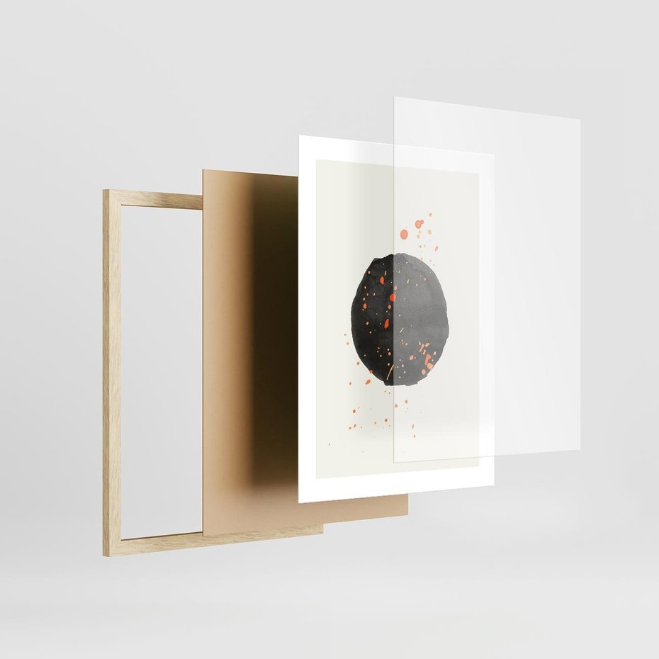 Plakat w ramie 30x40 - Wibracje Kolorów - abstrakcyjna czarna plama, rozsiane pomarańczowe kropki - rama drewno