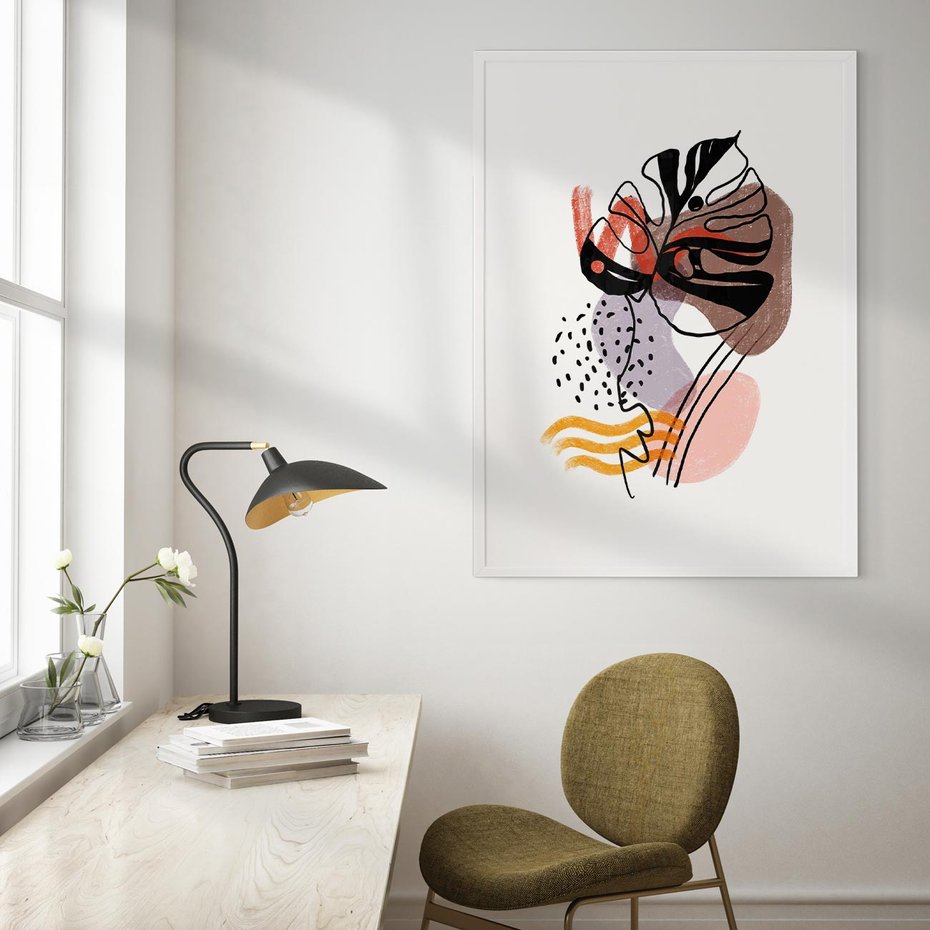 Plakat w ramie 50x70 - Wibracje Abstrakcyjnych Form - abstrakcyjna sztuka, liść monstery - rama biała