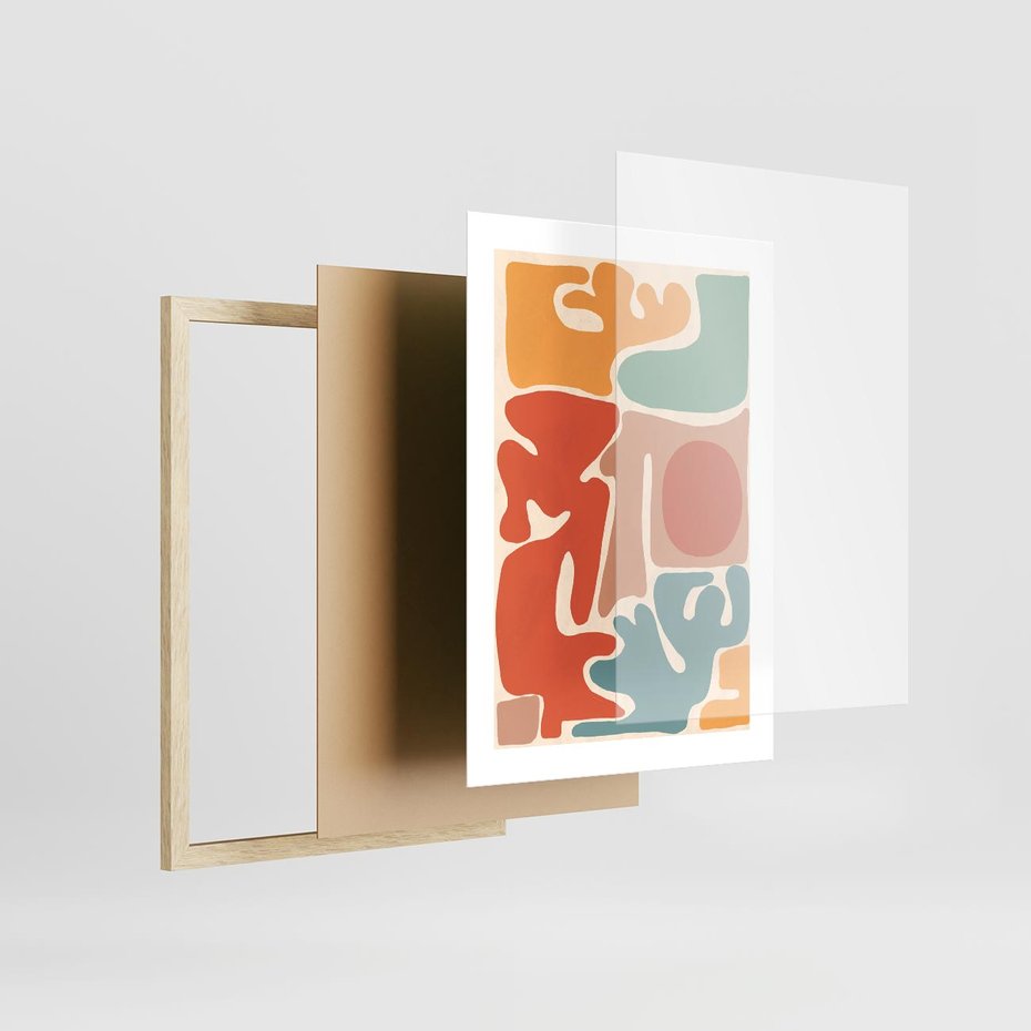 Plakat w ramie 30x40 - Pastelowa Symfonia Kształtów - abstrakcyjne kolorowe formy, pastelowe kolory - rama drewno