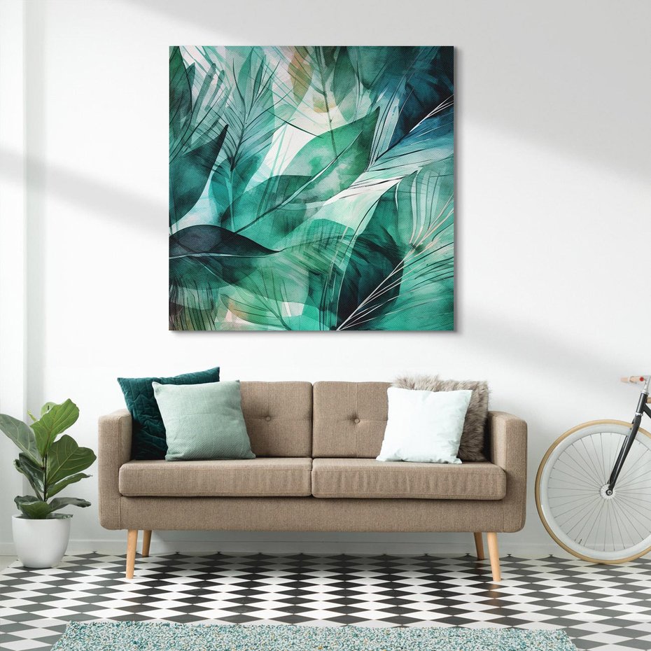 Obraz na płótnie 80x80 - Zieleń Tropików - tropikalne zielone liście palmy, monstera