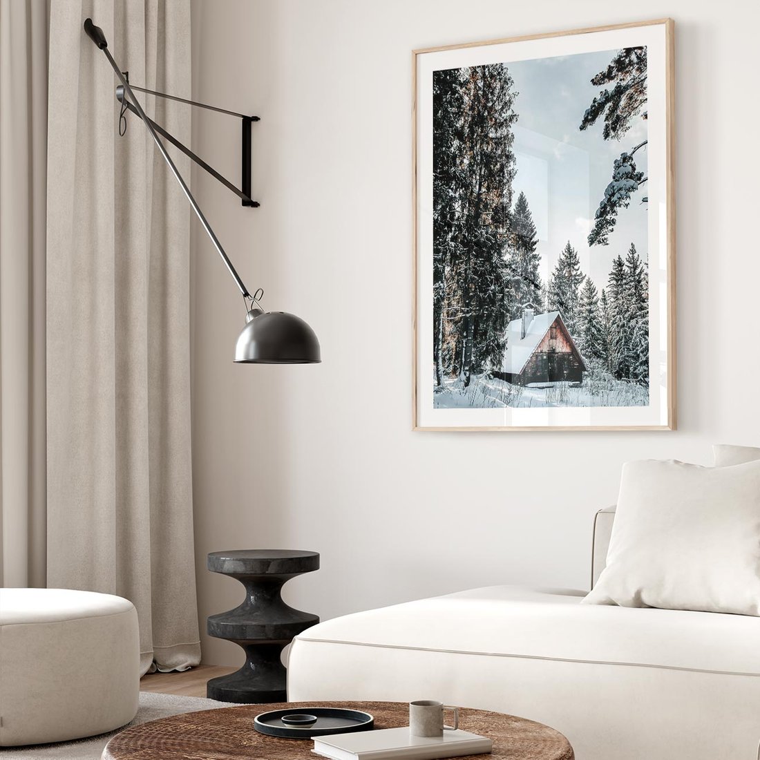 Plakat w ramie 30x40 - Górska Uroda Zimą: Dom w Śniegu - domek w górach, zima - rama drewno