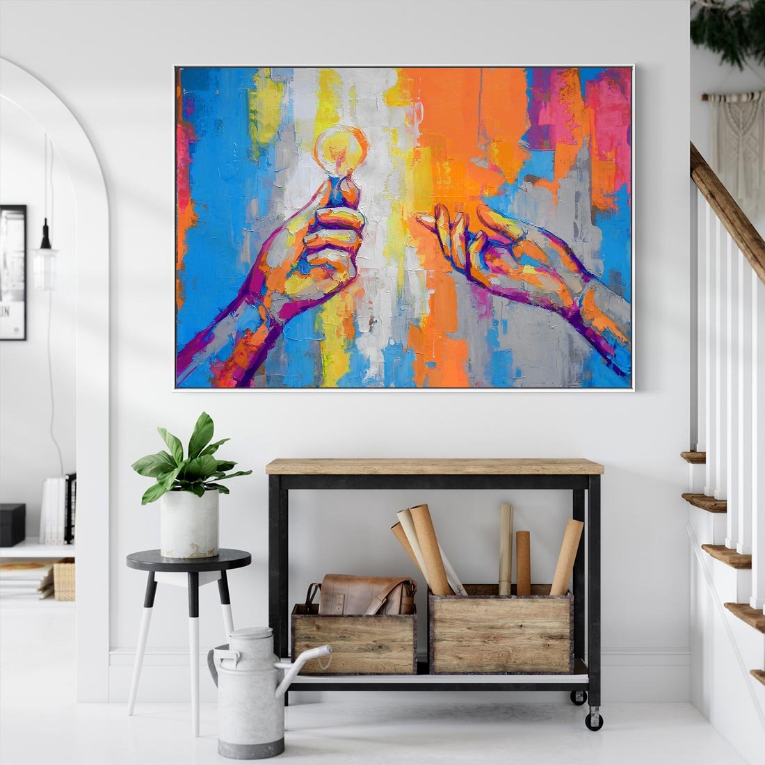 Obraz w ramie 120x80 - Refrakcje wewnętrznego światła - abstrakcyjne dzieło, dłoń trzyma żarówkę - rama biała