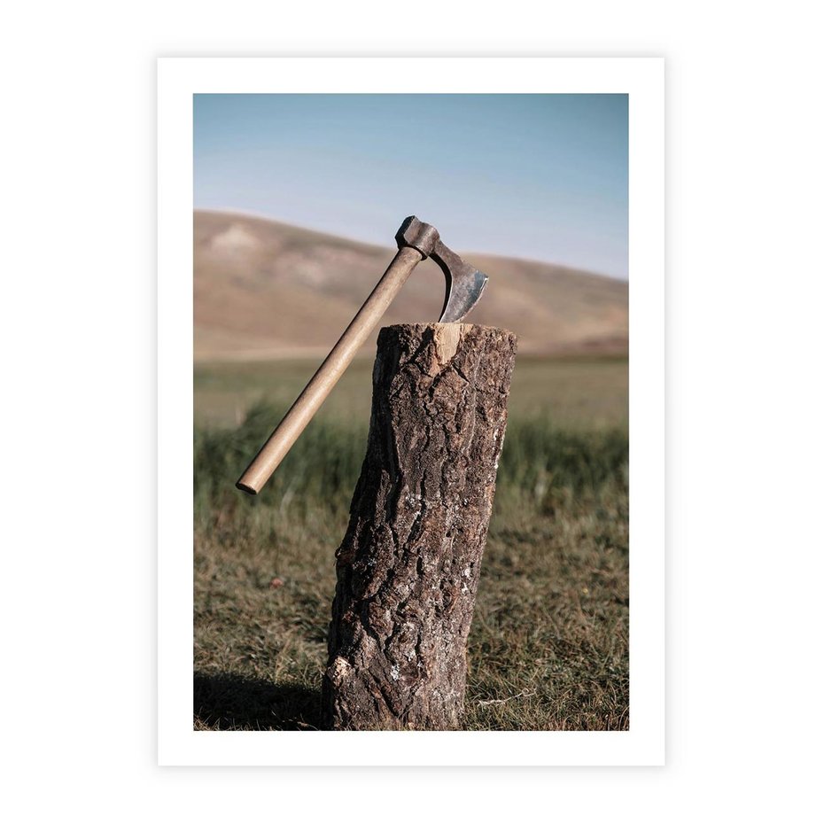 Plakat bez ramy 50x70 - Rustykalna Praktyczność: Fotografia Siekiery - rustykalna fotografia, siekiera wbita w pieniek