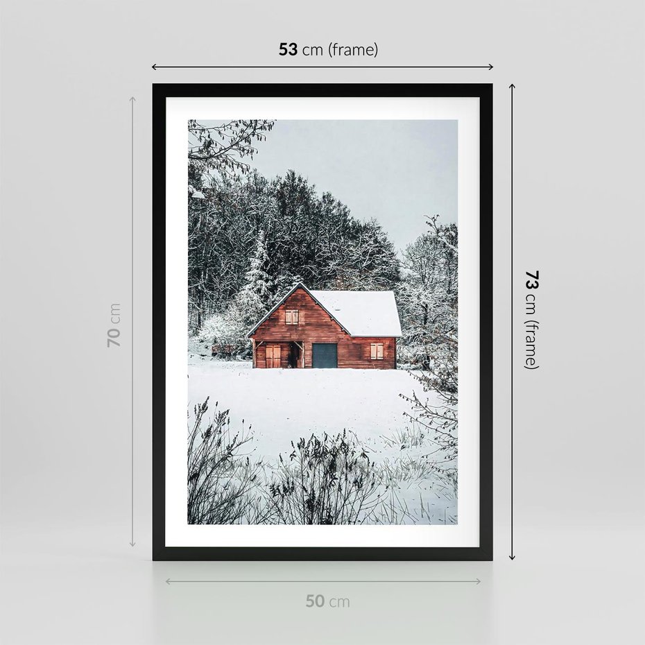 Plakat w ramie 50x70 - Domek w Górach Pokryty Śniegiem - domek w górach, śnieg - rama czarna