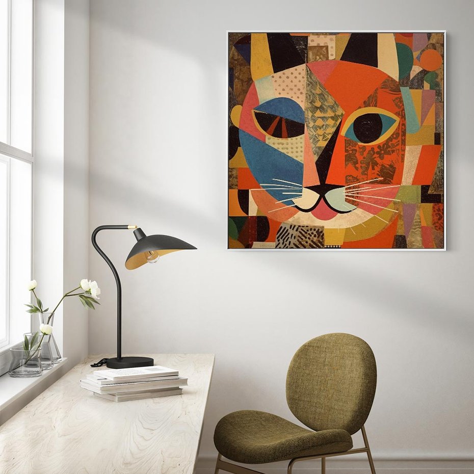 Obraz w ramie 80x80 - Impresje Nieznanych Odniesień - abstrakcyjny obraz olejny, kot - rama biała