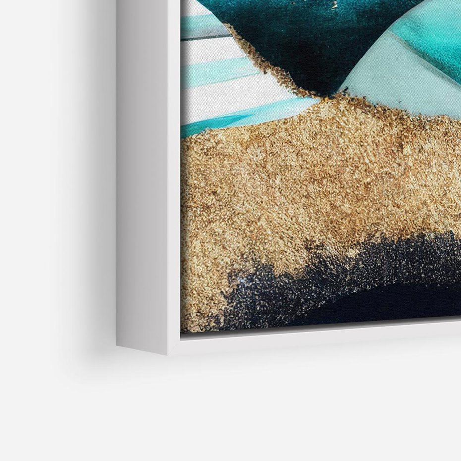 Obraz w ramie 80x80 - Rozlane Turkusy - Turkusowe plamy, złote elementy - rama biała