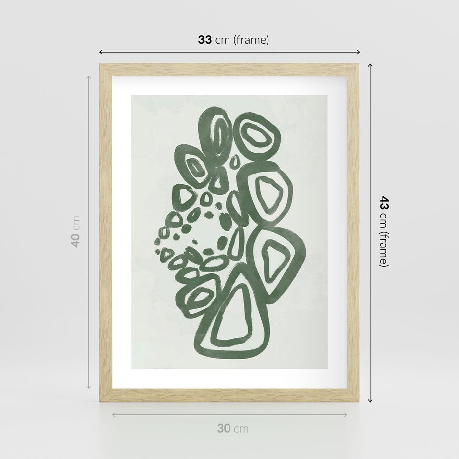 Plakat w ramie 30x40 - Migotliwe Widzenia Zieleni - zielona abstrakcja, zgaszona zieleń - rama drewno